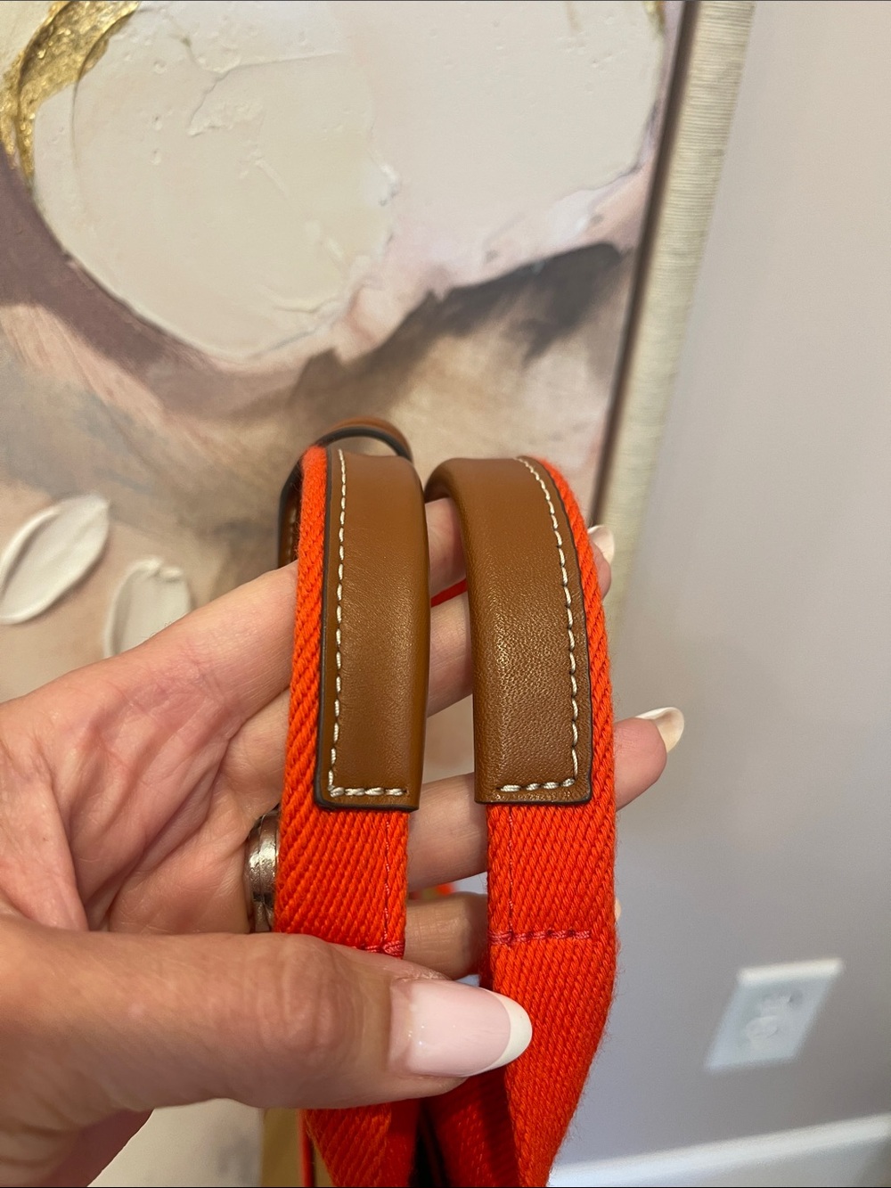NWOT Tory Burch Tan Canvas Tote with Bright with Coral Trim - Picture 5 of 8